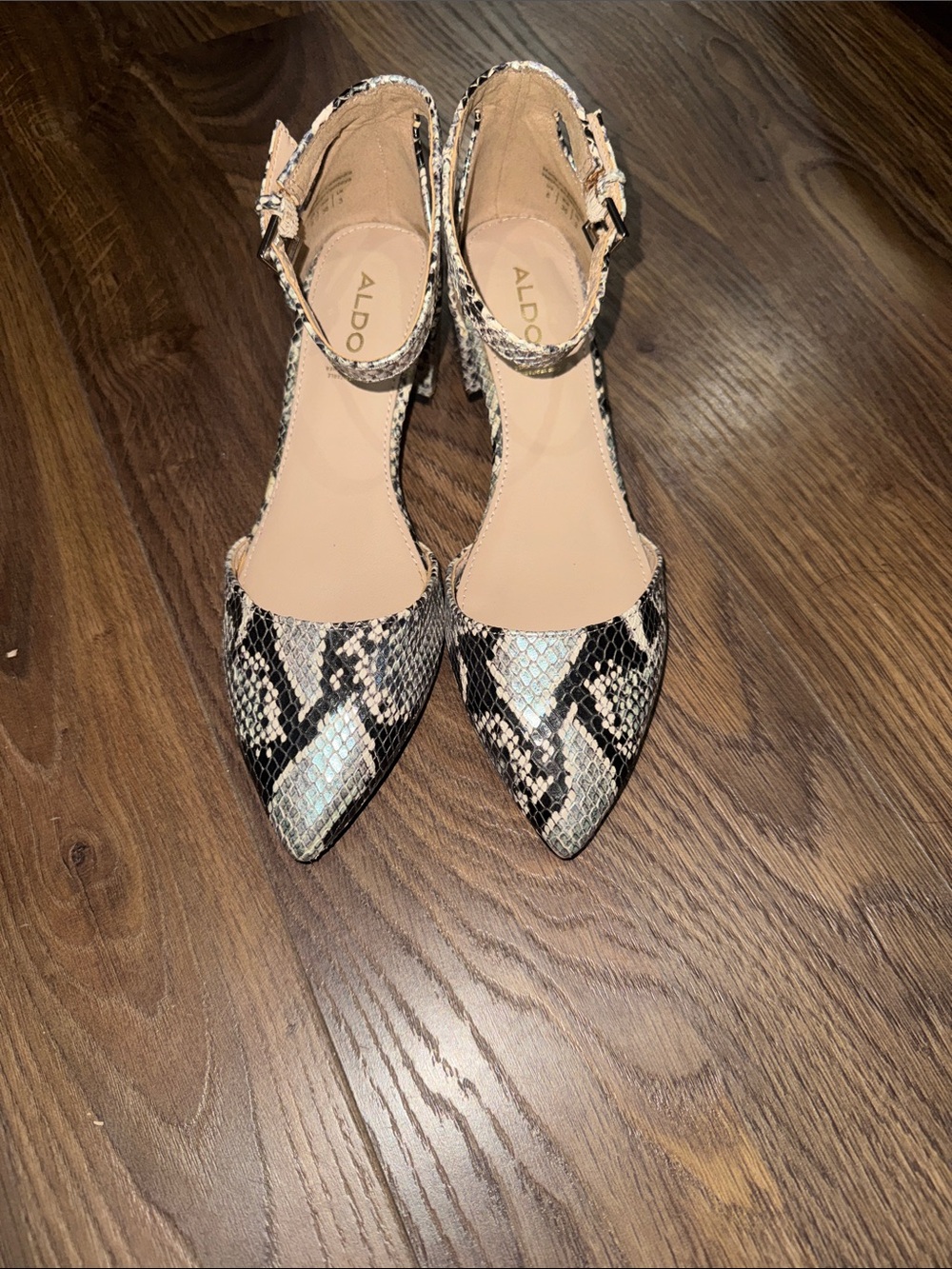 Aldo Snake-Print Pointed Toe Ankle Strap Heels - Black & Cream